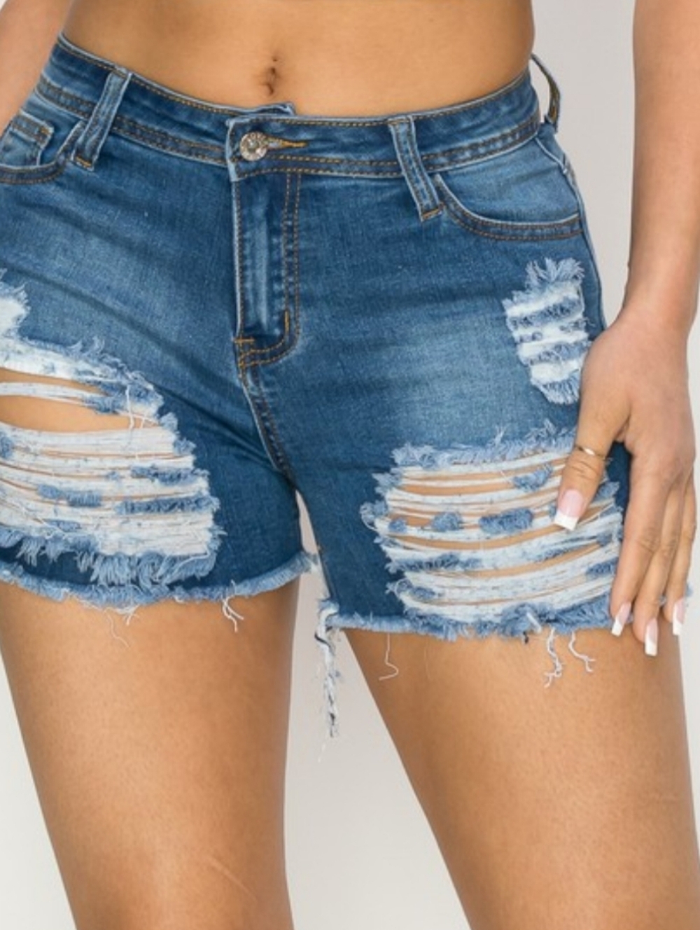 Distressed Mid-Rise Denim Shorts - Blue